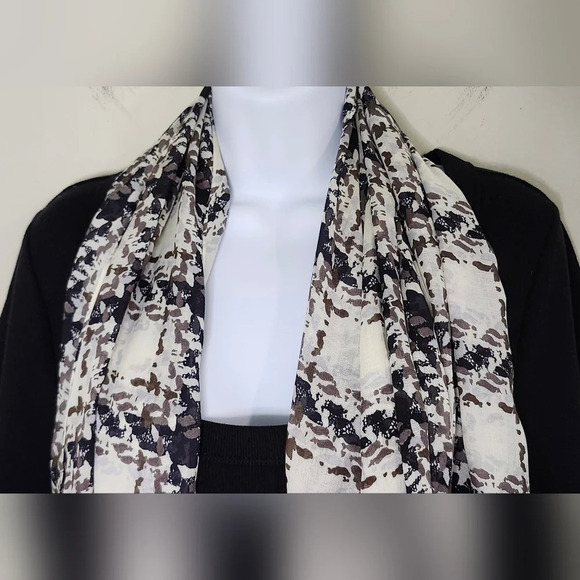 Ivory Black Brown Tweed Print Scarf Sheer Contemporary Dark Academia Raw Edge - Picture 3 of 6